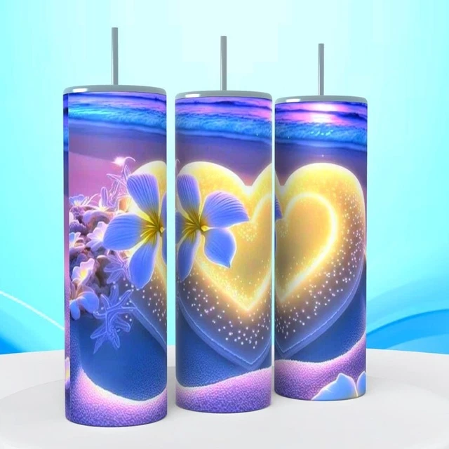 3D Beach Heart Sand Purple 20 oz sublimated Tumbler coffee cup insulated Blue