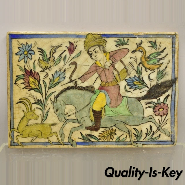 Antique Persian Iznik Qajar Style Ceramic Pottery Tile Horse Rider Hunt Scene C2