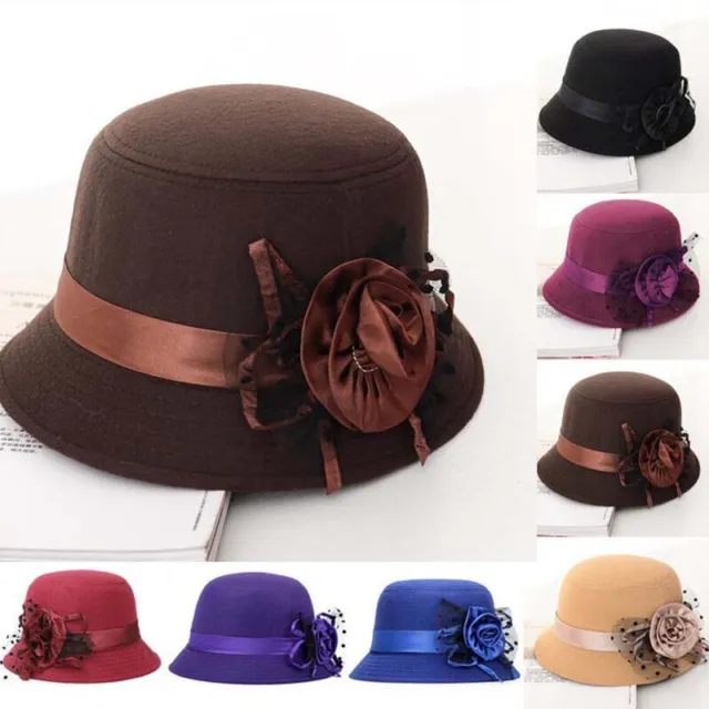 Church Women Ladies Cloche Flower Wool Felt Bowler Hat Bucket Cap Fashion Retro