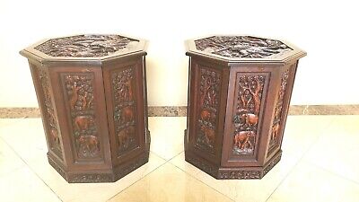1980s Mid-Century Carved Asian Side Tables