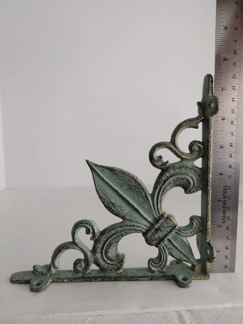 Fleur-de-lis Corbels Cast Iron Shelf Brackets Pair Two Green #18564