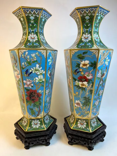 PAIR Vintage Chinese Cloisonné Vases  Floral & Bird 12 1/4" Tall 6 Diff Panels