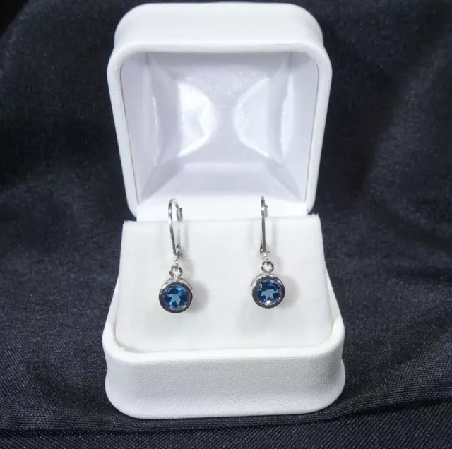 2.04 ct Natural London Blue Topaz Bezel Solid Sterling Silver Leverback Earrings