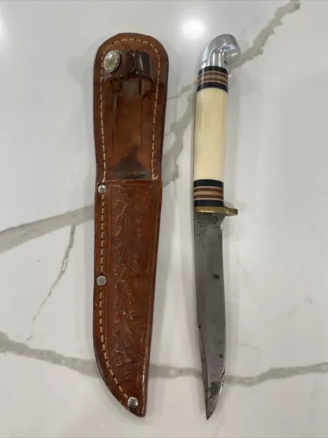 Vintage Western Fixed Blade Hunting Knife with Leather Sheath