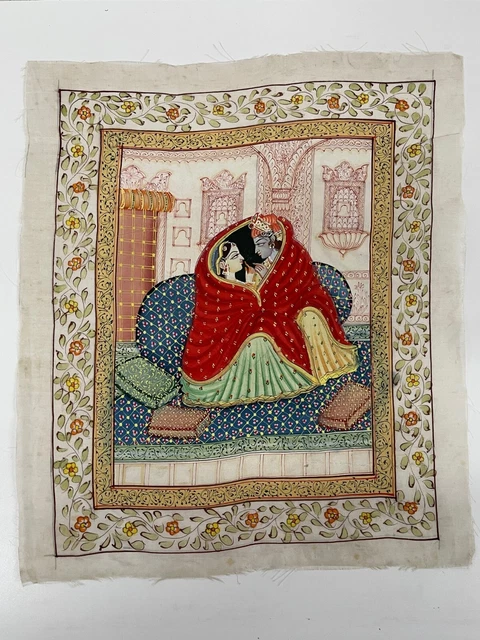 Indien Image Gouache Peinture Vintage Main Peint Sur Soie De