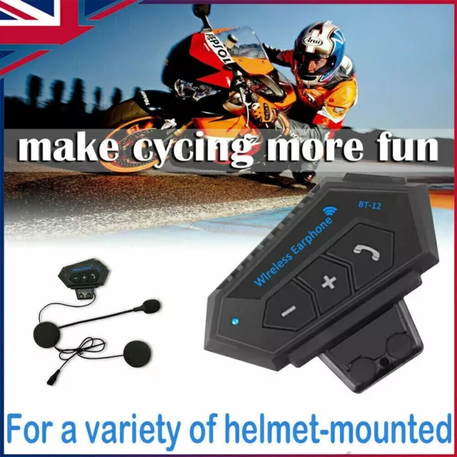 UK BT-12 Bluetooth Motorcycle Helmet Headset Wireless Motorbike Headphone FM GPS