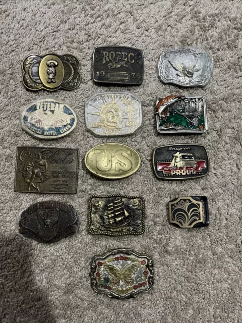 Vintage Belt Buckle Lot Of 13!  Snap-On, Coca Cola, Veteran, Harley and More!