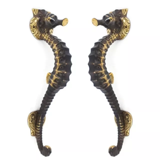 2 small SEAHORSE solid brass door AGED old style house PULL handle 10" outdoor B