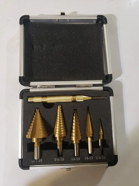 HSS 6PCS Titanium Step Drill Bit Set W Automatic Center Punch High Speed Steel