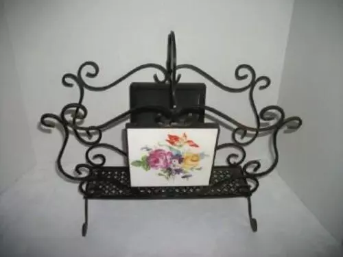 Mid Century Iron Magazine Rack England Porcelain Tiles Floral 1950 Vintage