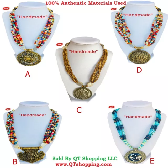 Himalayan Handmade Bone Beads & Stone Mix MultiChoice Pendant Necklaces With Box