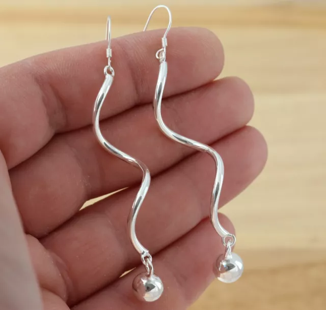 925 Sterling Silver Plain Twisted Dangle Drop Ball Earrings Gift Boxed