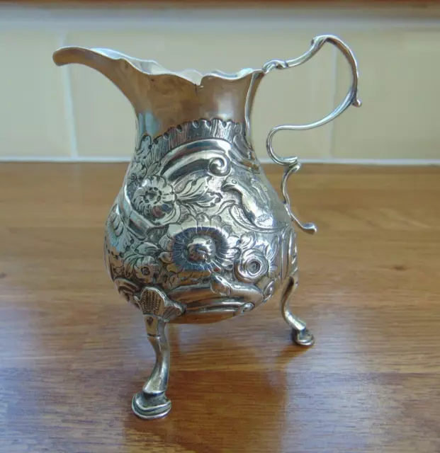 Antique George Ii Silver Cream Jug - Bird & Flowers Decoration - London 1753