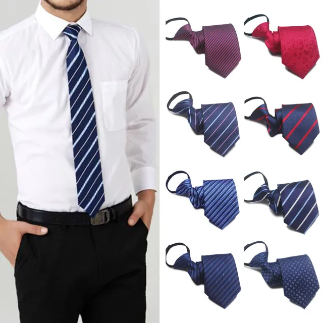 Men's Skinny Pre-Tied Zipper Lazy Striped Solid Tie Formal Wedding Party Necktie