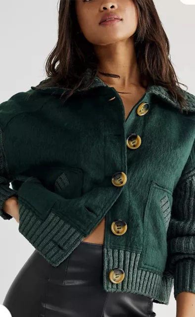 Free People Bennie Blanket Cardi Ribbed Sleeves Hemline Knit Chunky Green XS NEW