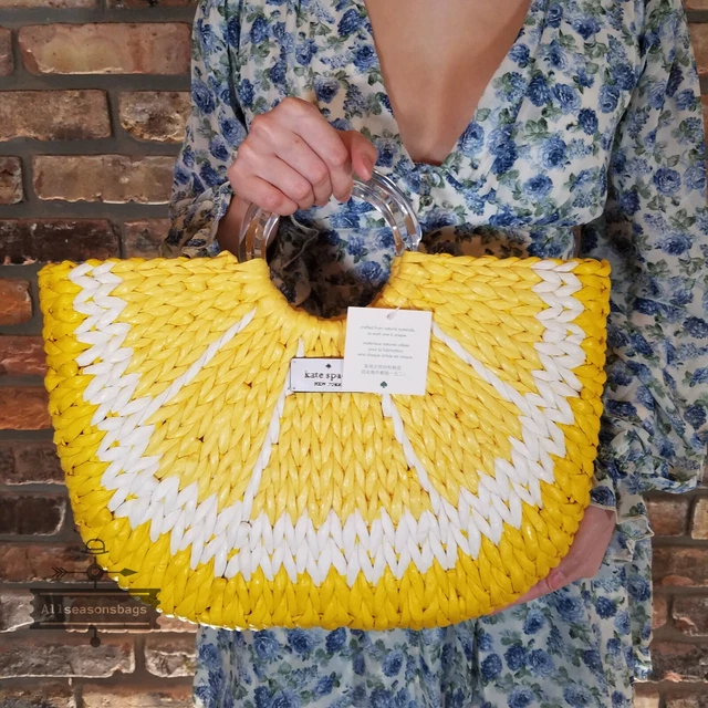 Kate Spade Picnic Perfect Lemon Medium Wicker Tote Wkru6835 Nwt $399