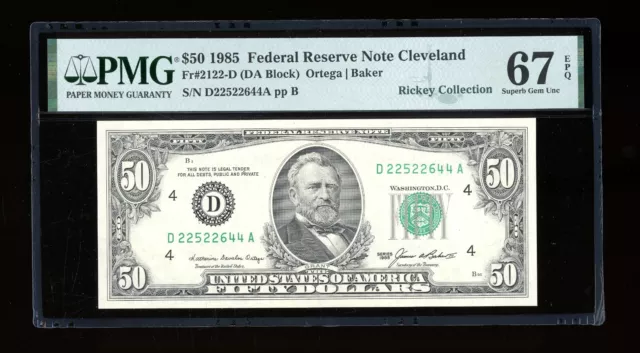 DBR 1985 $50 FRN Cleveland Fr. 2122-D Superb Gem PMG 67 EPQ Serial D22522644A