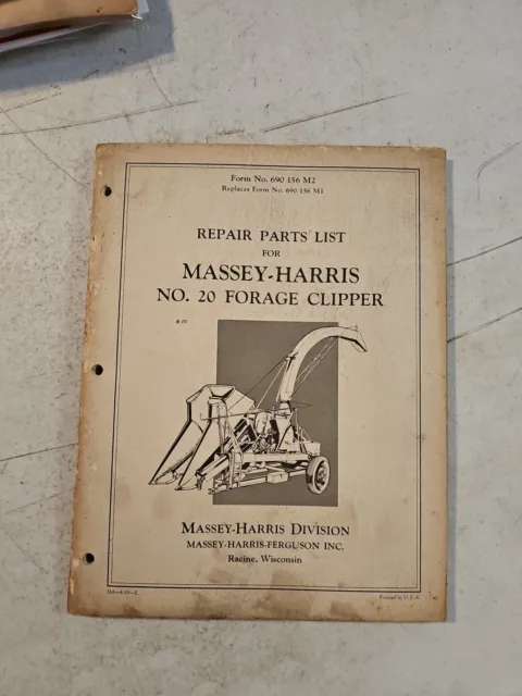 Vintage 1955 Massey Harris No. 20 Forage Clipper Repair Parts List