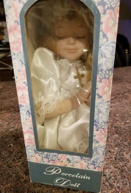 11" Kneeling Praying Genuine Porcelain Blonde Doll w/ Cross Necklace,  NIB