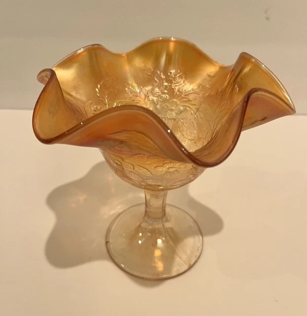 FENTON MARIGOLD CARNIVAL Glass Compote / Peacock And Urn 1920's Candy