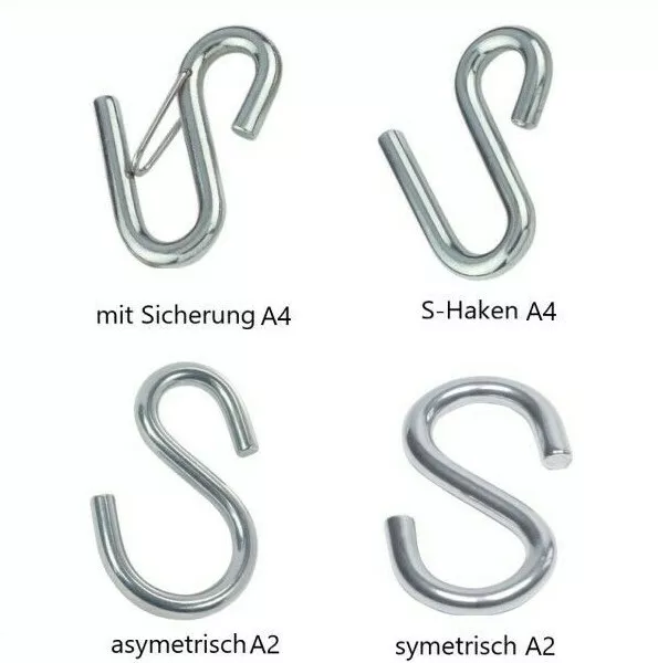 S-Haken asymmetrisch / symmetrisch  Edelstahl ROSTFREI Metallhaken Sicherung VA
