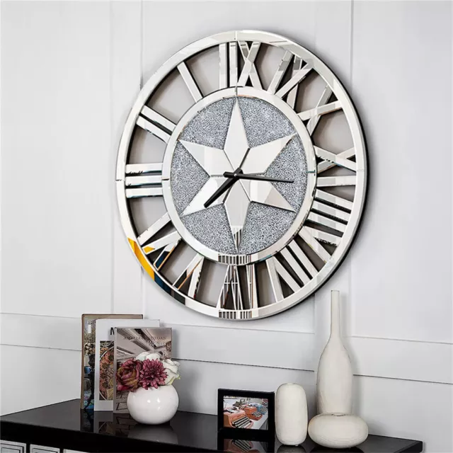 MIRROR CRUSHED DIAMOND SILVER CRUSHED CRYSTAL FILLED SPARKLY WALL CLOCK Decor