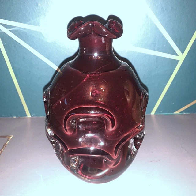 Vintage Swedish Bo Bergstrom for Aseda Ruby Red Glass Bottle / Vase, 17 cm