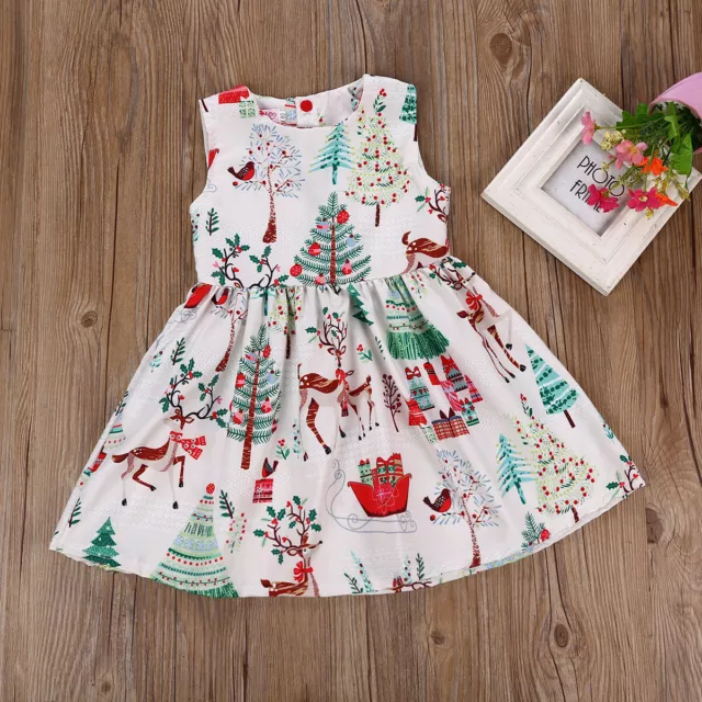 Baby Girls Christmas Cartoon Print Dress Set Xmas Santa Party Clothes Outfit