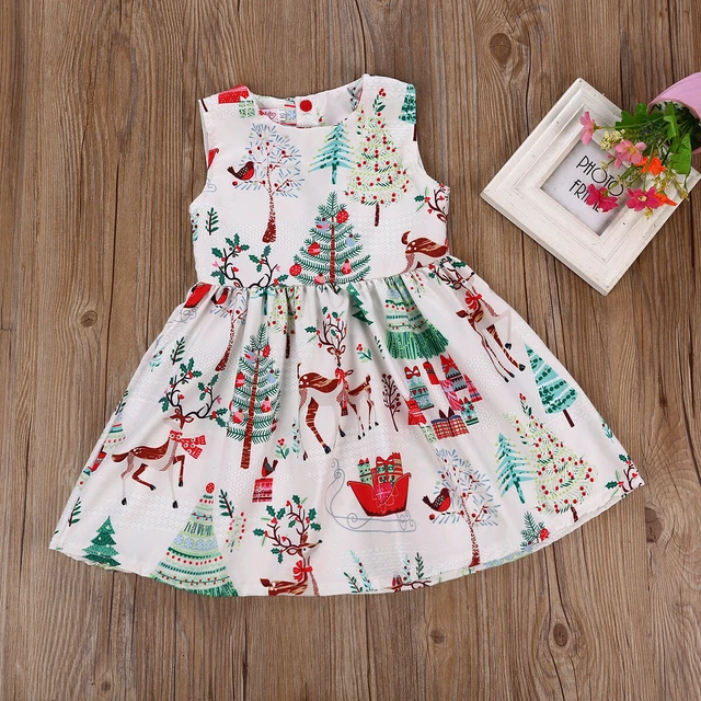 Baby Girls Christmas Cartoon Print Dress Set Xmas Santa Party Clothes Outfit