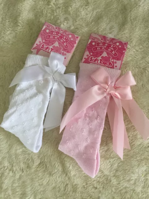 Free p&p Shiny Bow Knee Length Socks, Spanish Style. 0/3, 3/6, 6/12 Months