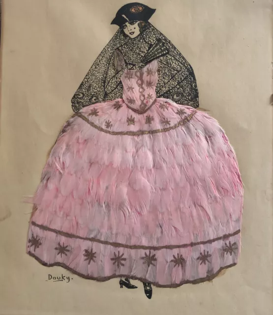French 1920s ART DECO Era HAND Applied WATERCOLORS Art by DOUKY Fashion GOWN