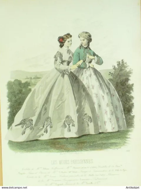 Gravure Modes parisiennes 1864 n°1109 Toilettes de promenade en perkale