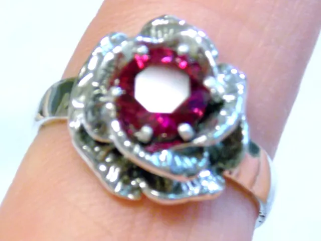 Red Lab Ruby Size 5.25 Ring 925 Sterling Silver USA Made Vintage Style Flower