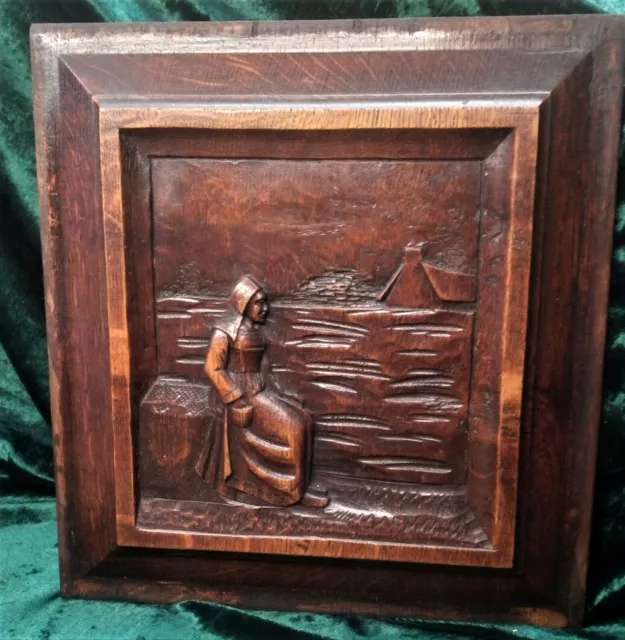 Antique French Oak Wood Panel Salvaged Hand Carved Bretons Figural Wall Plaque