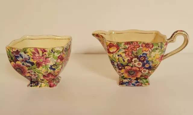 Rare Chintz Pattern Pre-1930 Vintage Royal Winton Grimwades Ascot Creamer Sugar