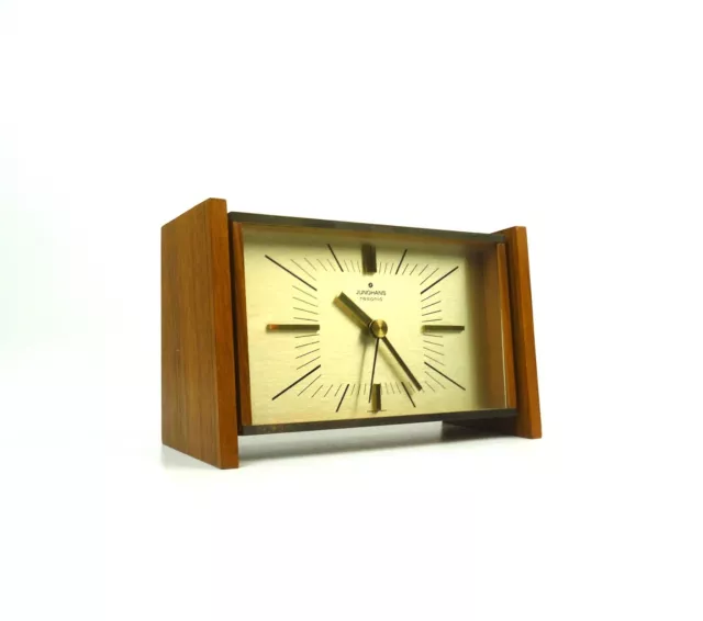 Very Rare Vintage 60S Mid Century Teak Brass Desk Clock By Junghans Resonic