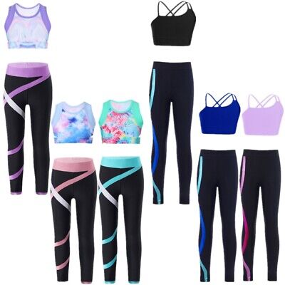 Girls Workout Crop Tops Athletic Leggings Outfits Gymnastic Yoga Dance Sport Set