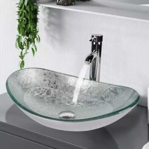 Waschbecken Glas Aufsatzwaschbecken Hand Waschschale Oval Waschtisch Wasserhahn