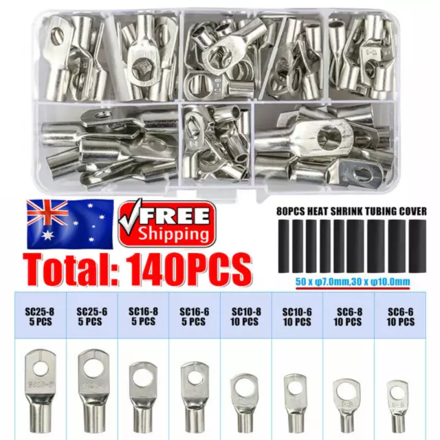 140PCS Copper Cable Lugs Crimp Ring Battery Terminals Electrical Wire Connectors