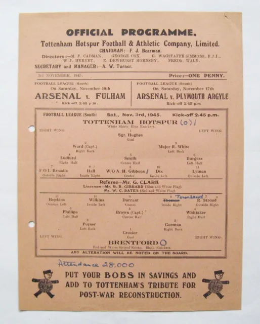 TOTTENHAM HOTSPUR v BRENTFORD 1945/1946 *VG Condition Football Programme*