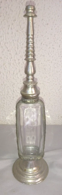 Ancien Flacon Aspersoir Oriental Maroc 1970 En Verre Et Metal Argente