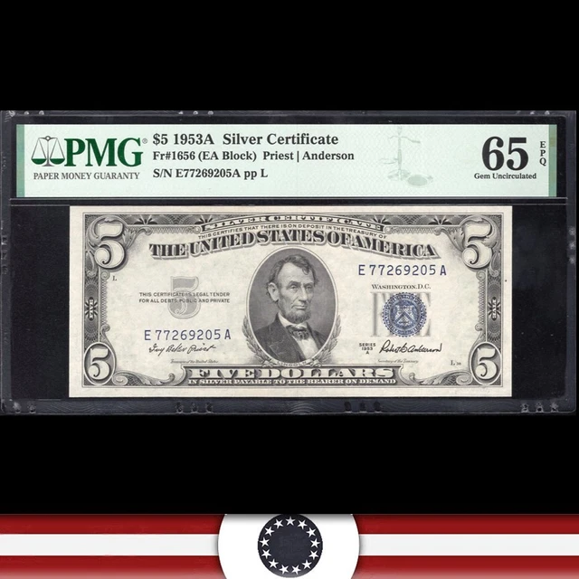 1953-A $5 SILVER CERTIFICATE *E-A Block* PMG 65 EPQ Fr 1656 69205