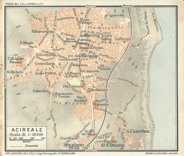 CARTA GEOGRAFICA ANTICA ACIREALE Pianta Catania Sicilia TCI 1919 Old