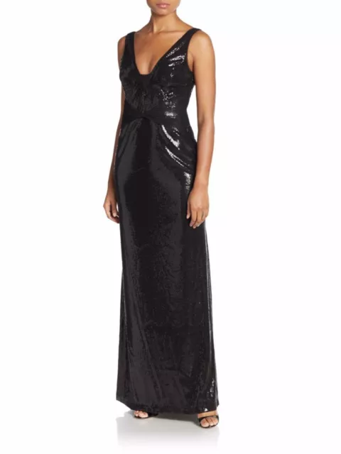 Vera Wang Womens Sleeveless Solid Black V-Neck Maxi Dress Sequin Gown Size 4