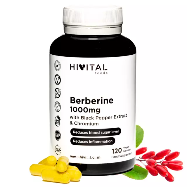 Berberina 1000 mg. 120 cápsulas veganas para 2 meses. Con Cromo y Pimienta Negra