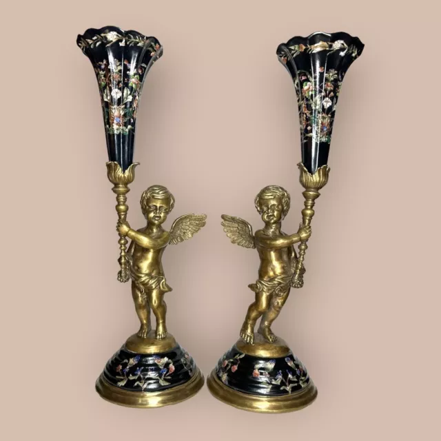 2 Bronce Ángel Con Florero Barroca Estilo Antiguo Negro Oro Porcelana 39cm 2,8kg 2