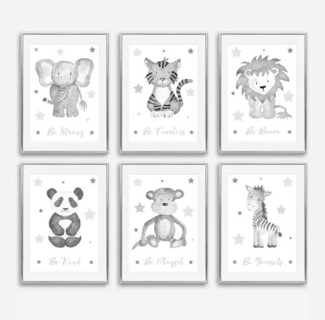 Grey Star Safari Animal Nursery Prints Childrens Bedroom Wall Art Pictures Decor