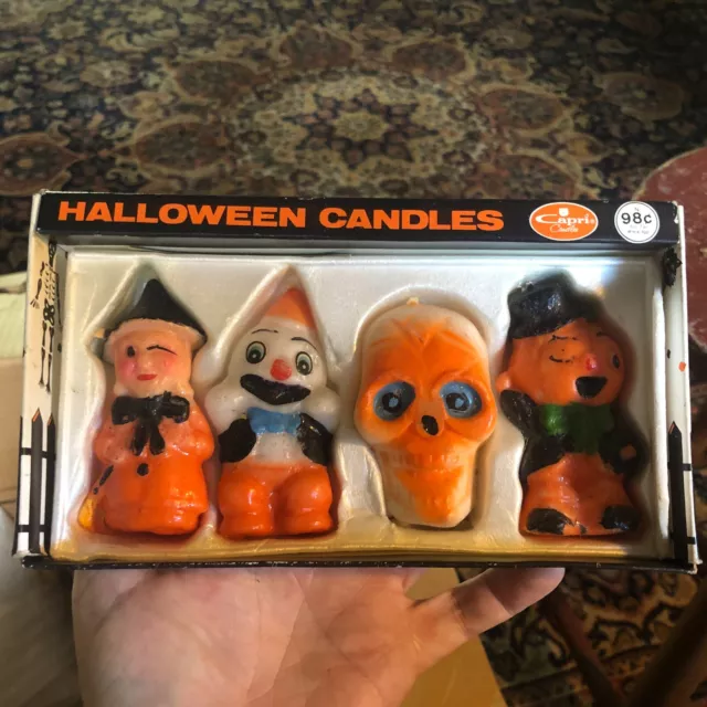 Nice! Vintage Halloween CAPRI CANDLES IN PACKAGE Pumpkin Clown Witch Skull