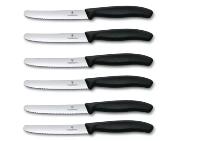 6 coltelli Victorinox da tavola neri con lama seghettata e punta tonda da 11 cm