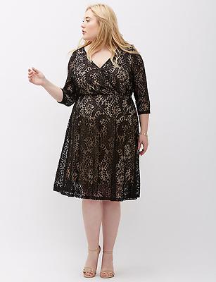 LANE BRYANT Surplice Fit Flare Lace Dress 16 18 20 22 24 26 28  ~1x 2x 3x 4x